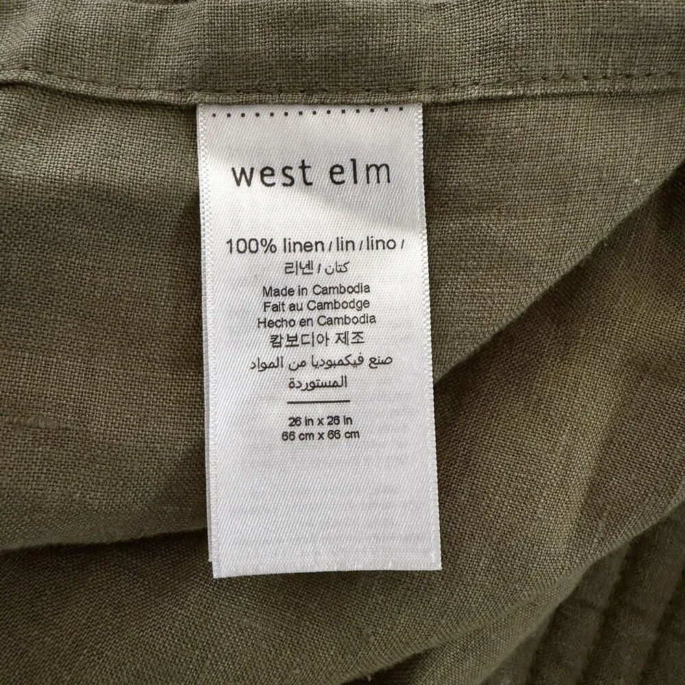 West Elm European Flax Linen Linework Quilt King Size w/2 Euro Shams Olive Green